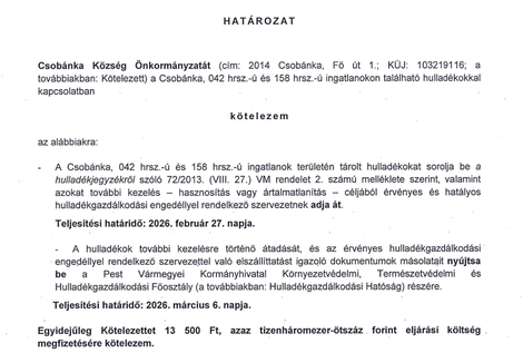 Kötelezés az illegális hulladék elszállítására